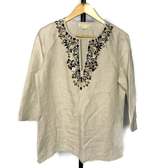 Michael Kors Tops - Michael Kors Tan Beaded V Neck Tunic Shirt Michael Kors Tops - Michael Kors Tan Beaded V Neck Tunic Shirt